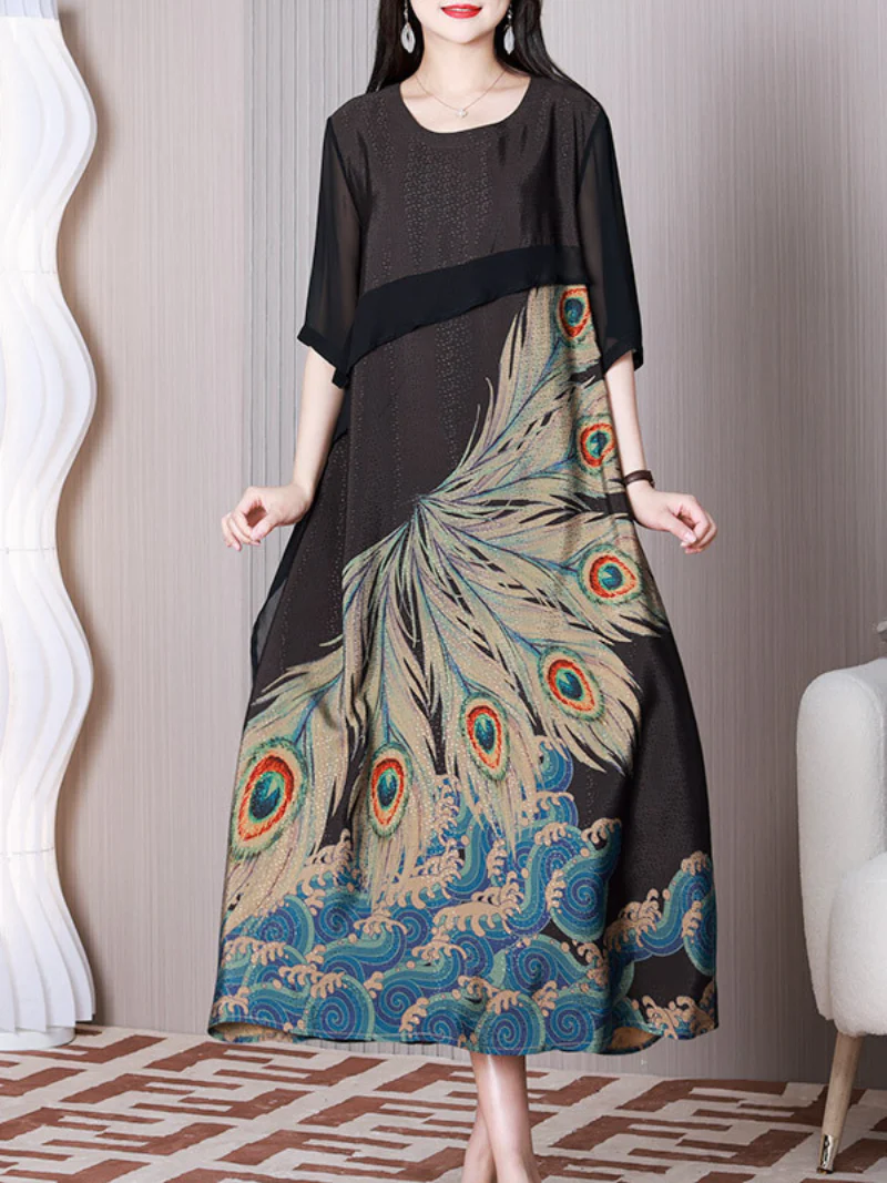 Feel The Love Round Neck Peacock A-line Dress - Image 2