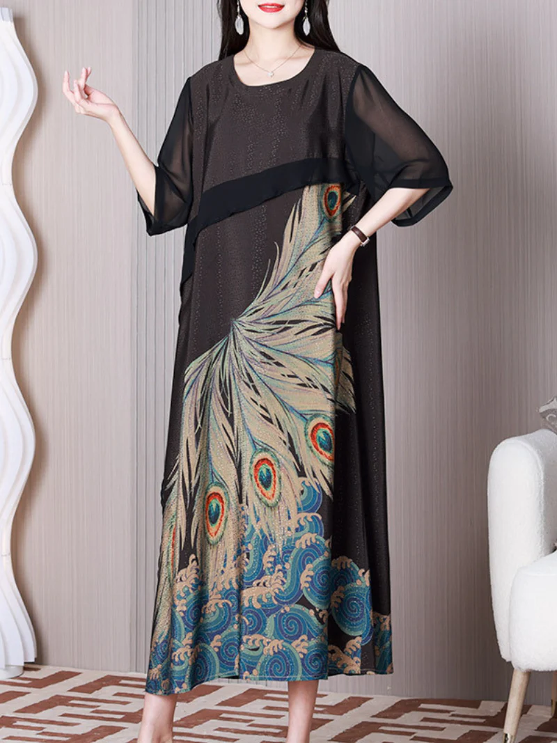 Feel The Love Round Neck Peacock A-line Dress - Image 7