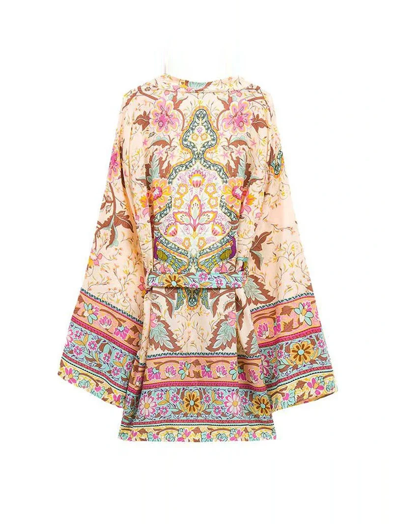 Short Length With Floral Print Pink Color Cotton Gown Kimono Duster Robe - Image 2