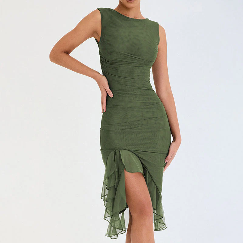 FeMinine Crew Neck Sleeveless Ruched Mesh Bodycon Ruffle Midi Party Dress - Image 5
