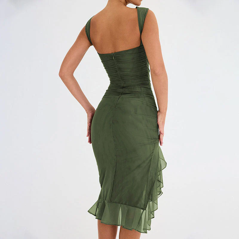 FeMinine Crew Neck Sleeveless Ruched Mesh Bodycon Ruffle Midi Party Dress - Image 6