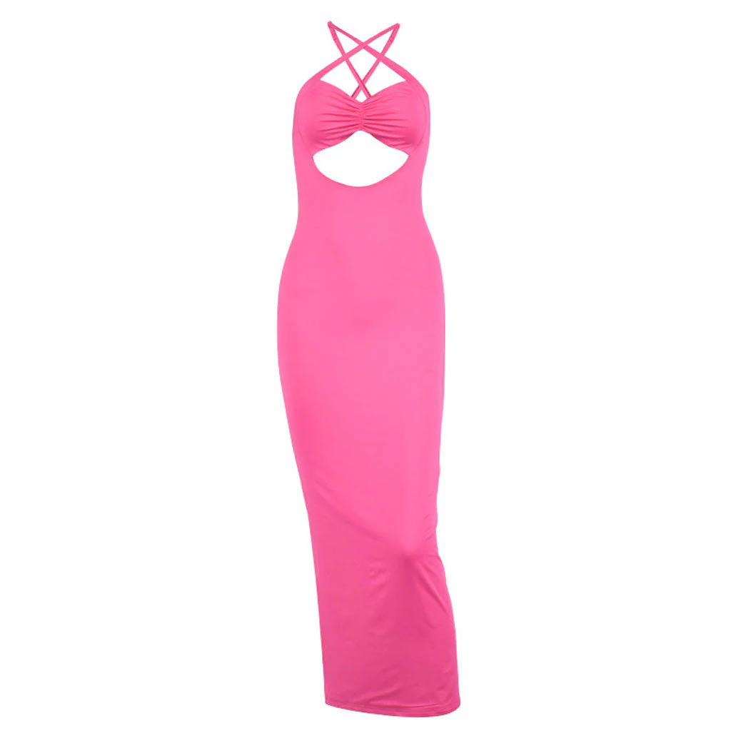 FeMinine Criss Cross Sleeveless Slit Ruched CutOut Midi Dress - Hot Pink - Image 3