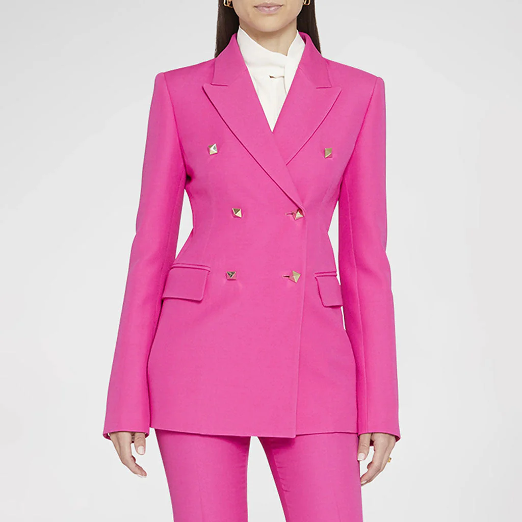 FeMinine Flared Leg Peak Lapel Studded Button Double Breasted Blazer Matching Set - Image 3