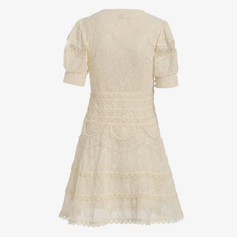FeMinine Floral Embroidered Puff Sleeve V Neck Fit and Flare Mini Lace Dress - Image 2