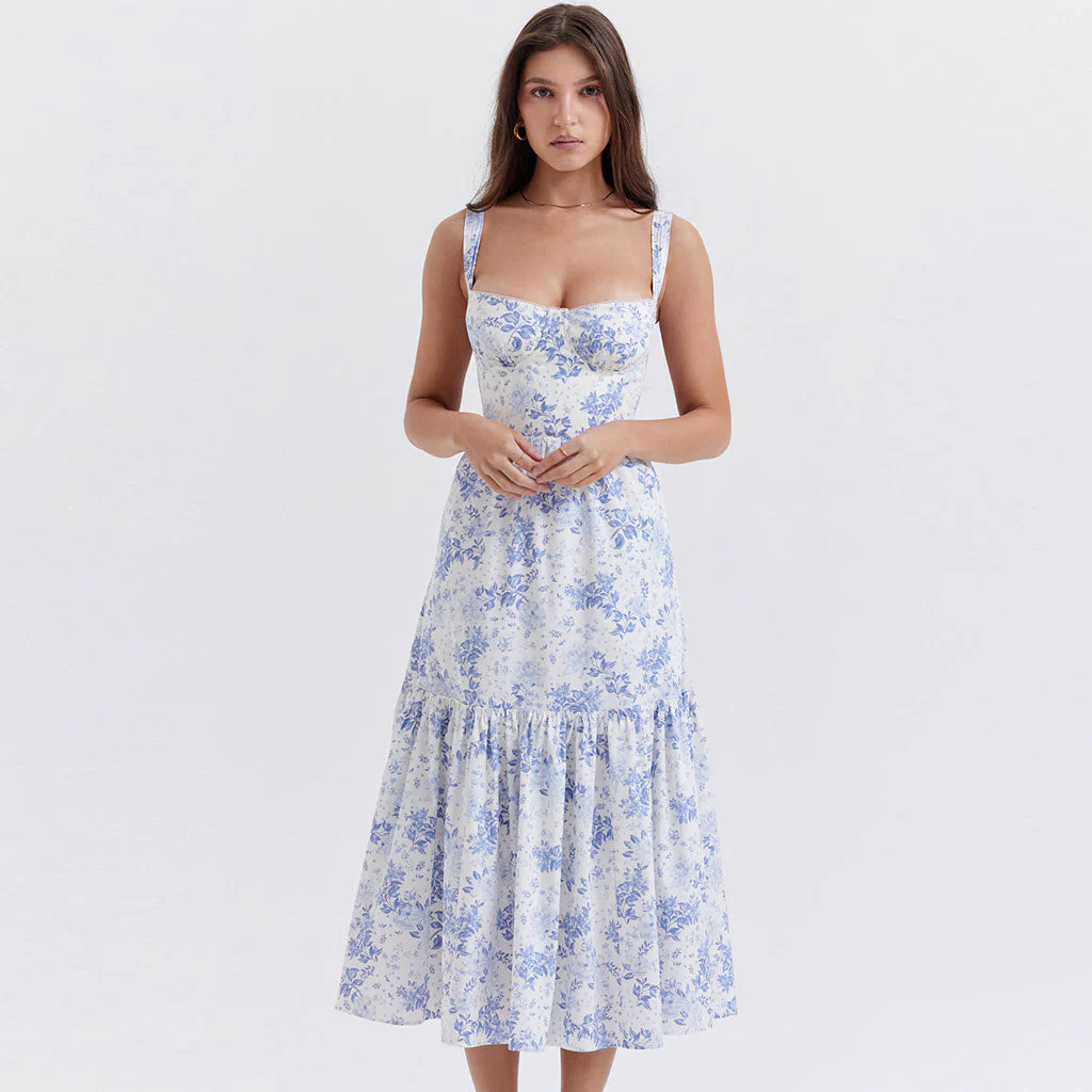 FeMinine Floral Print Sweetheart Suspender Strap Fit and Flare Midi SunDress - Image 2