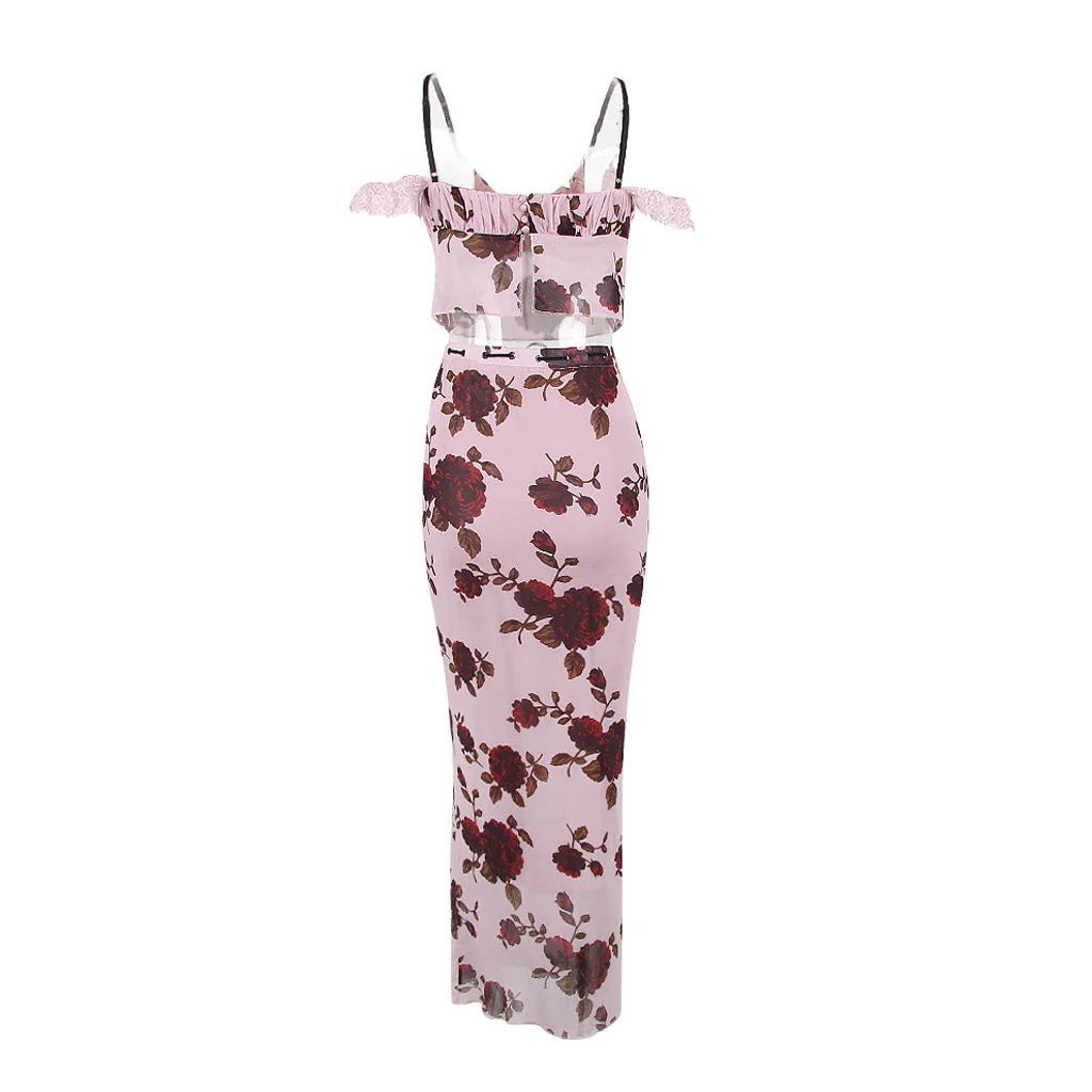 FeMinine Floral Tie Front Off The Shoulder Cropped Mesh Top Matching Set - Image 2