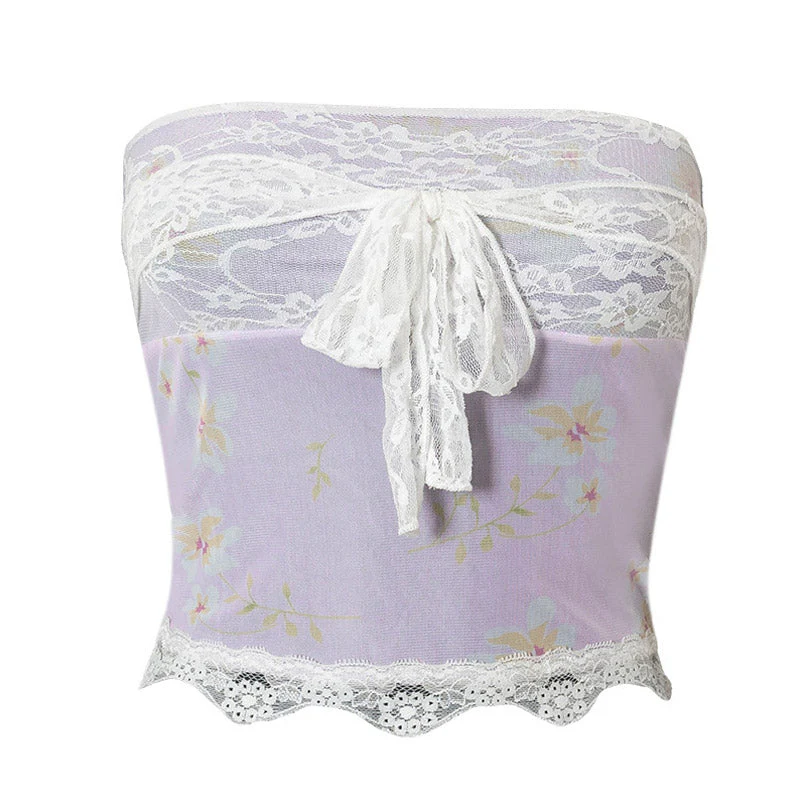 Feminine Floral Tie Strap Sheer Lace Mesh Scalloped Crop Tube Top - Lilac - Image 3