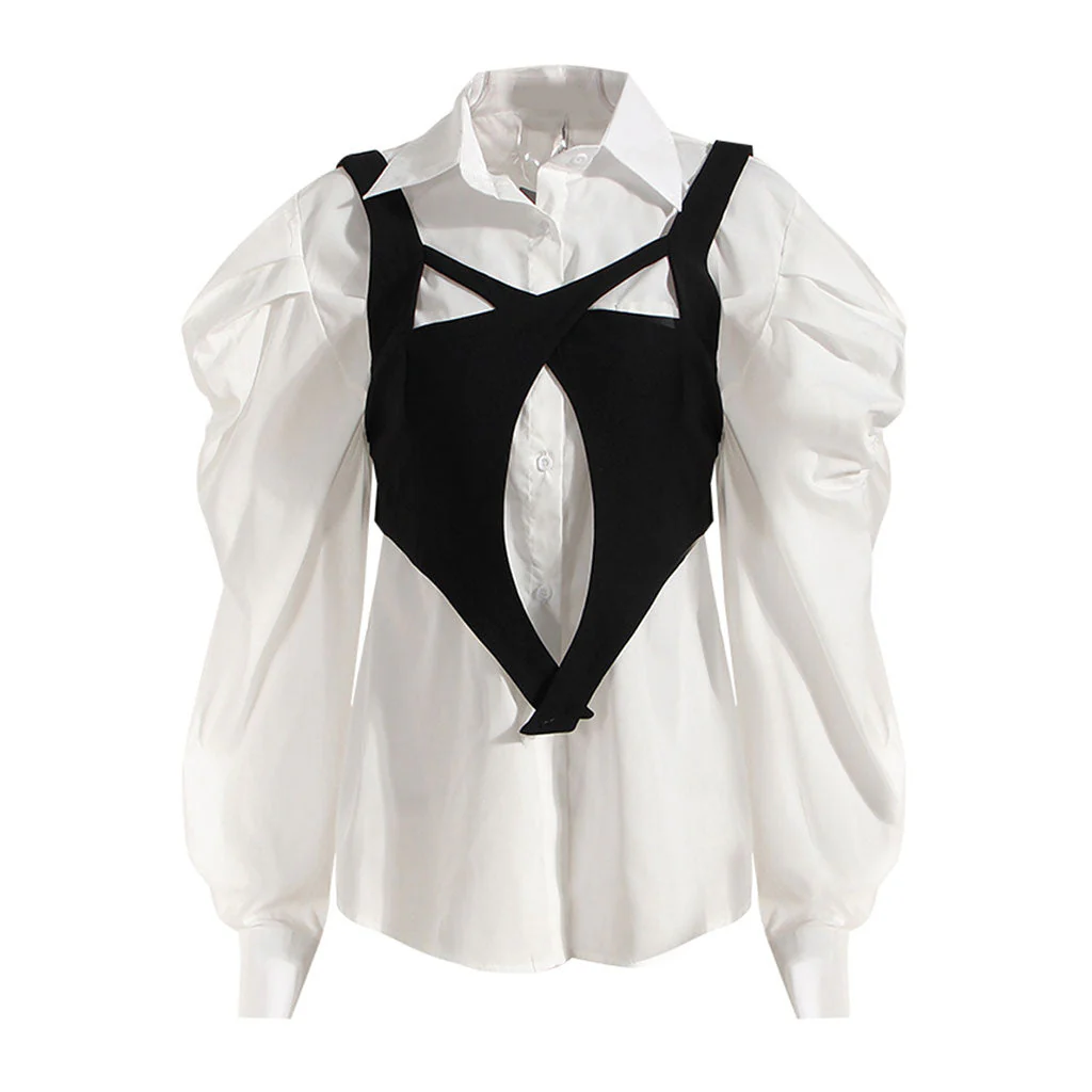 FeMinine Folded Collar Balloon Sleeve Button Down Blouse - Image 3