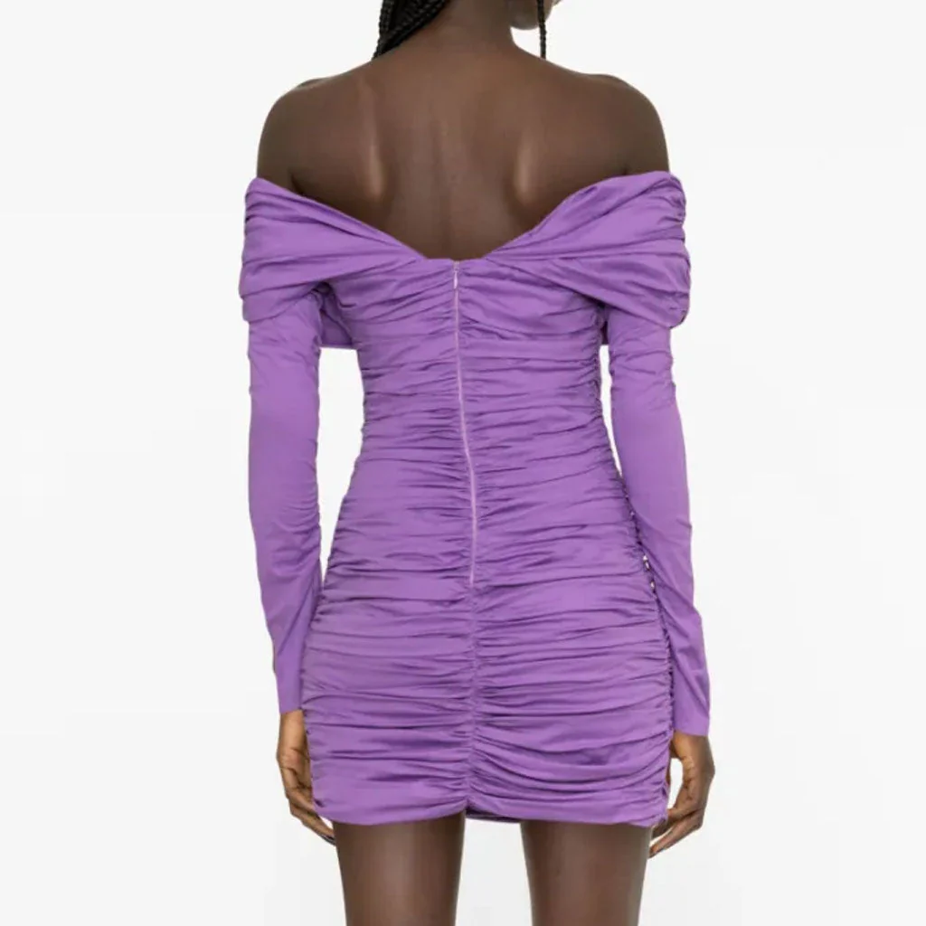 FeMinine Off The Shoulder V Neck Bell Sleeve Split Cuff Ruched Mini Dress - Image 2