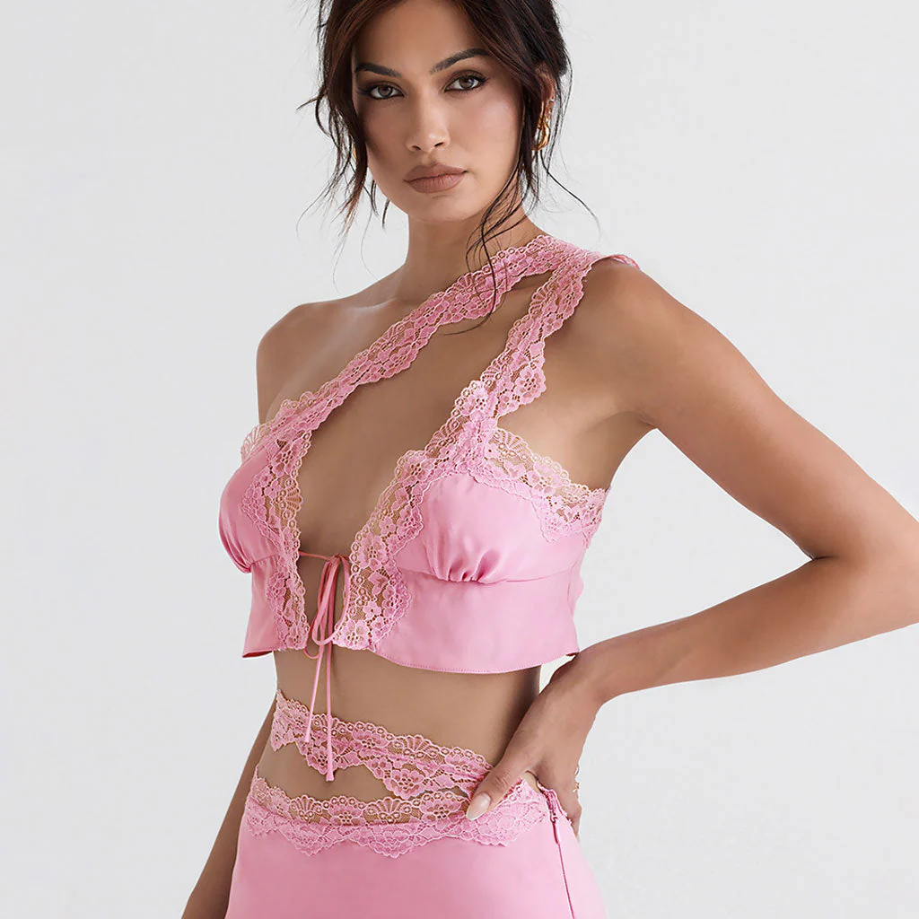FeMinine One Shoulder Front Tie Lace Trim Satin Cropped Top - Pink - Image 3