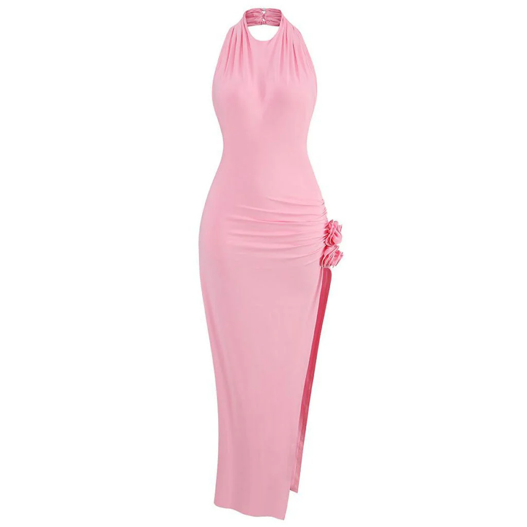 FeMinine Rosette Halter Open Back Ruched Bodycon Split Midi Cocktail Dress - Image 3