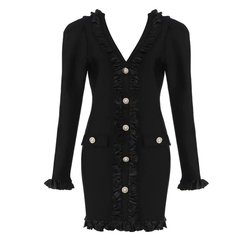 FeMinine Ruffle Trim Button Detail V Neck Puff Sleeve Mini Bandage Dress - Black - Image 5
