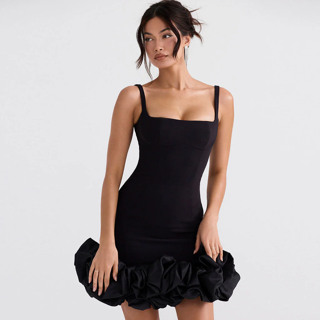 FeMinine Ruffled Trim Square Neck Suspender Strap Bodycon Mini Dress - Black - Image 2