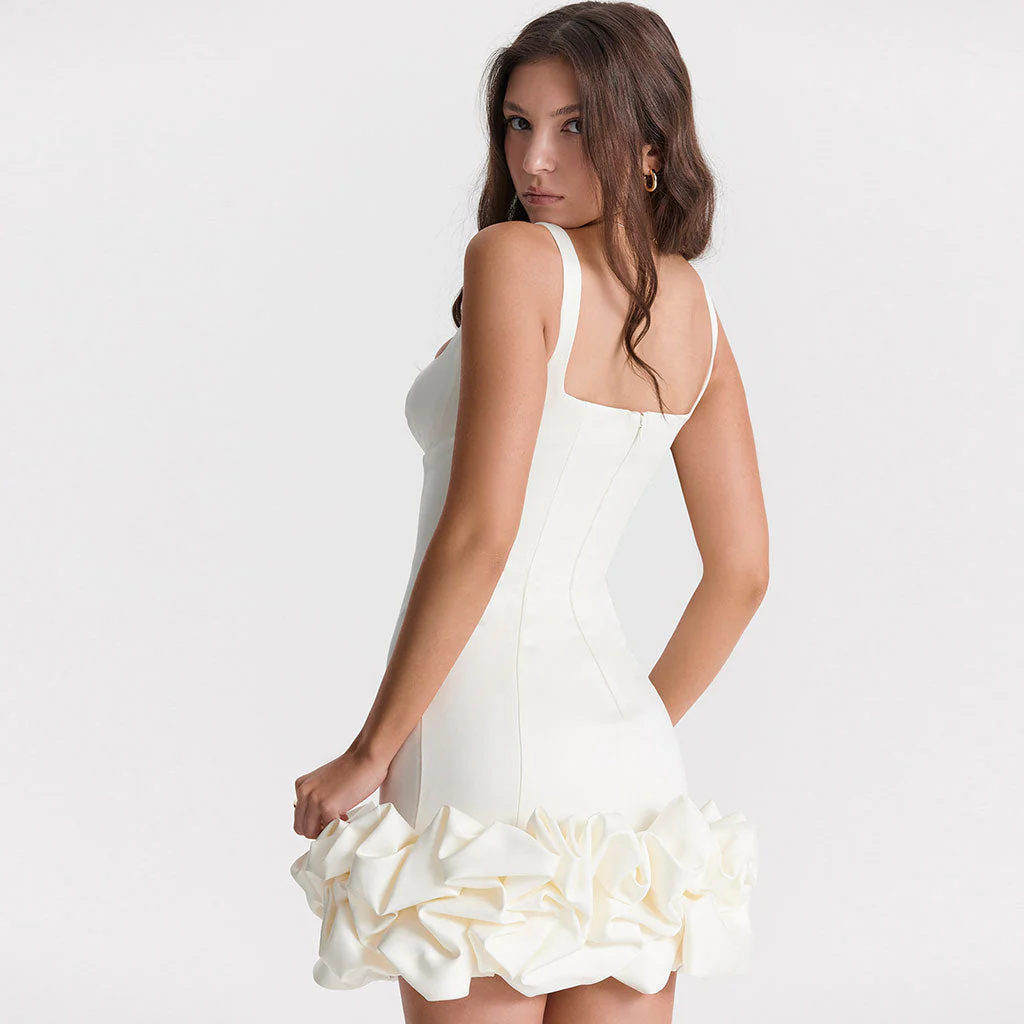 FeMinine Ruffled Trim Square Neck Suspender Strap Bodycon Mini Dress - White - Image 5