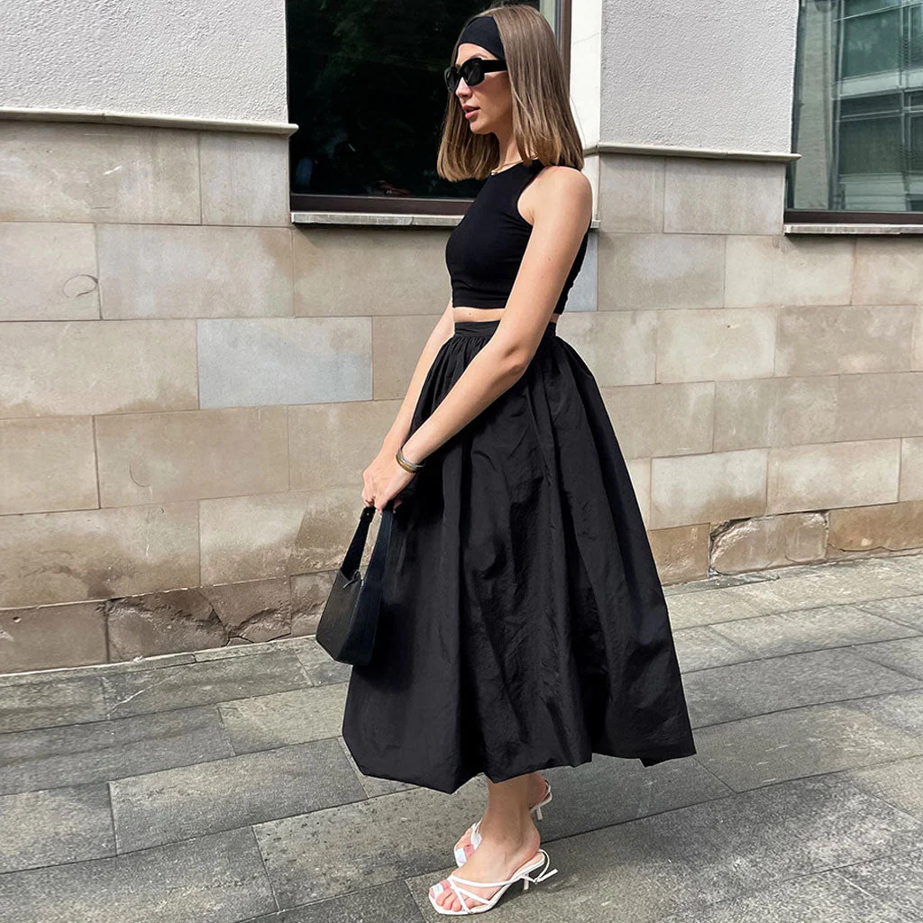 FeMinine Solid Color Silky Satin Plicated High Waist Midi Balloon Skirt - Image 2