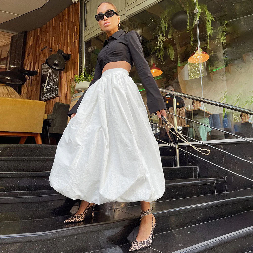 FeMinine Solid Color Silky Satin Plicated High Waist Midi Balloon Skirt - Image 3