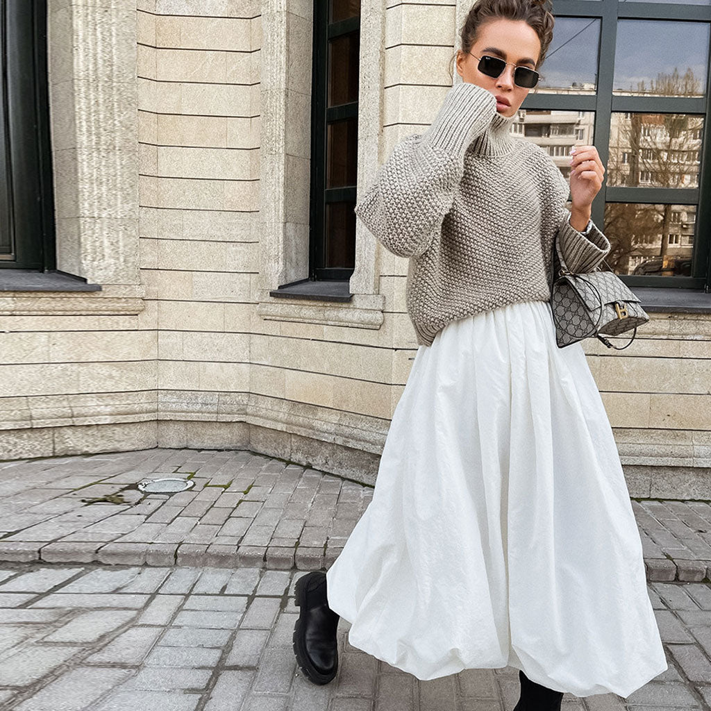 FeMinine Solid Color Silky Satin Plicated High Waist Midi Balloon Skirt - Image 5