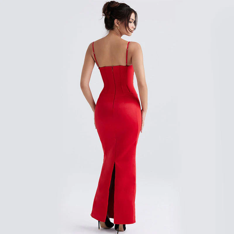 FeMinine Spaghetti Strap Back Slit Bodycon Maxi Satin Corset Dress - Red - Image 3