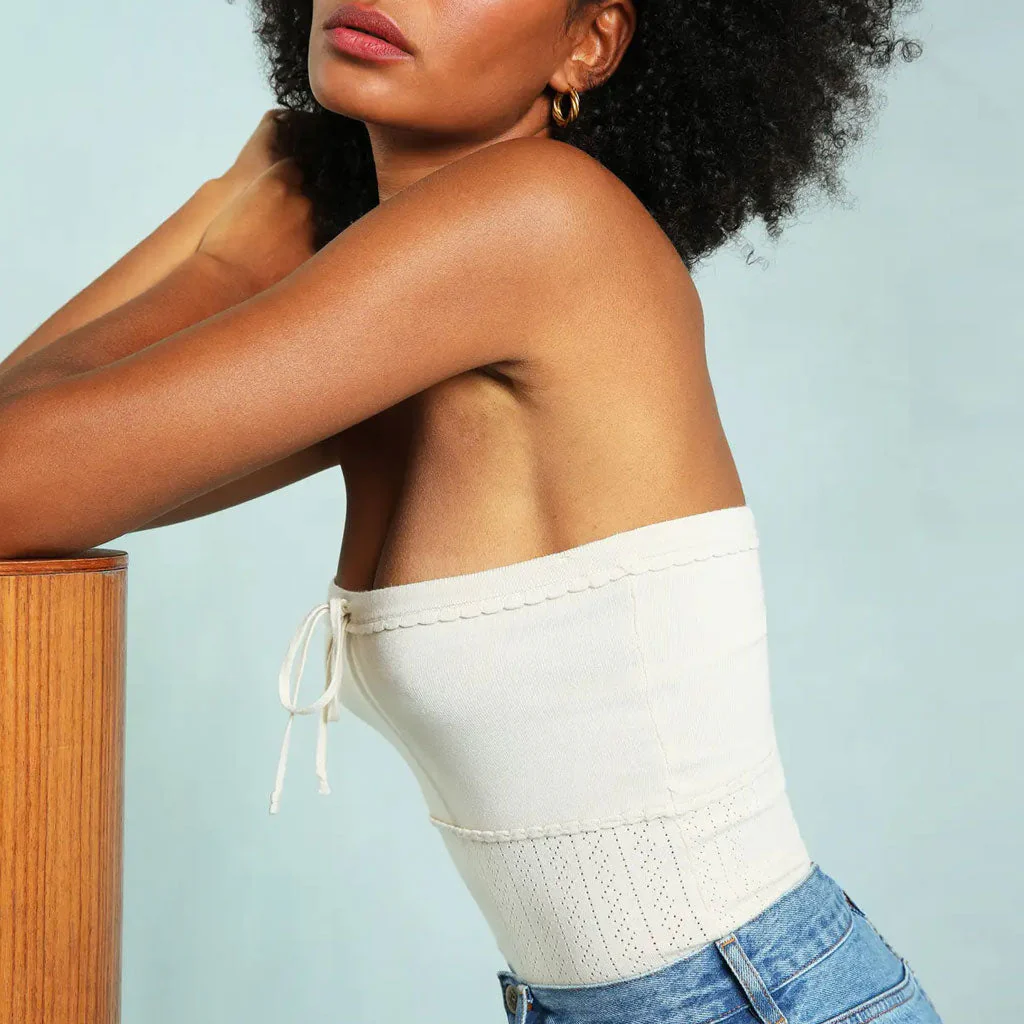 FeMinine Tie Front Scalloped Pointelle Knit Strapless Top - Cream - Image 3