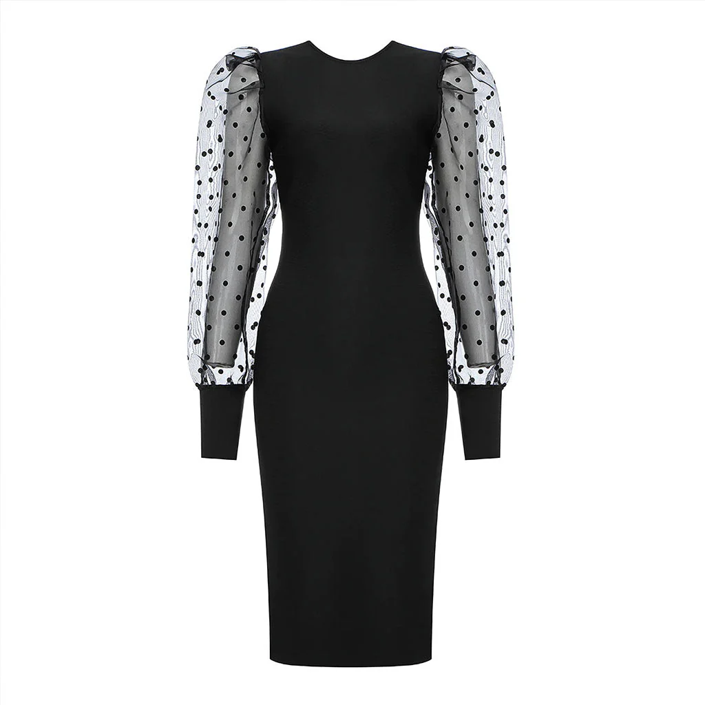 Femme Polka Dot Puff Sleeve Round Neck Bodycon Bandage Midi Dress - Black - Image 4