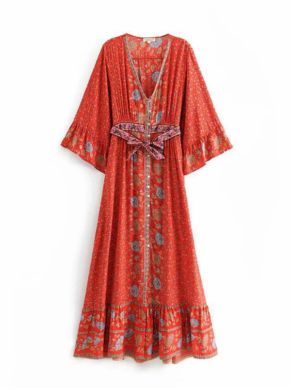 Beachwear Floral Print Red Color Cotton Long Length Gown Kimono Duster Robe - Image 2