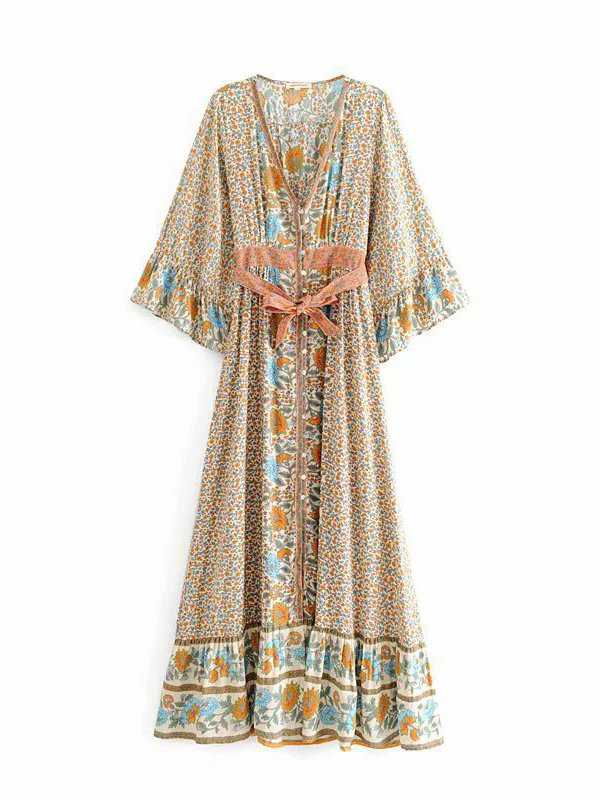 Beachwear Floral Print Red Color Cotton Long Length Gown Kimono Duster Robe - Image 3