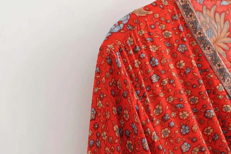 Beachwear Floral Print Red Color Cotton Long Length Gown Kimono Duster Robe - Image 8