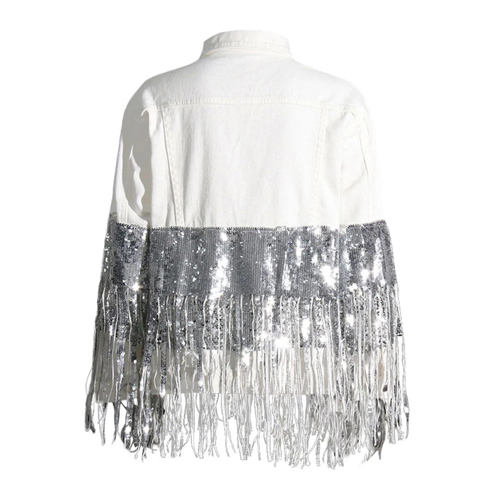 Flamboyant Collared Button Front Long Sleeve Sequin Fringe Denim Jacket - Image 2