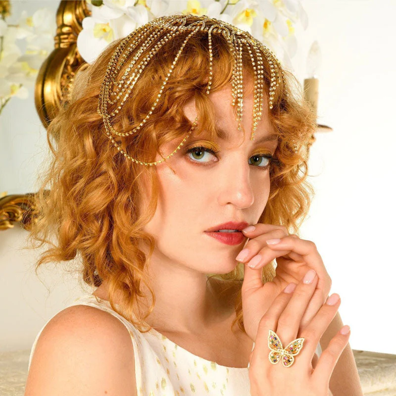 Flapper Rhinestone Embellished Caged Chain Tassel Headpiece - Silver - Image 2