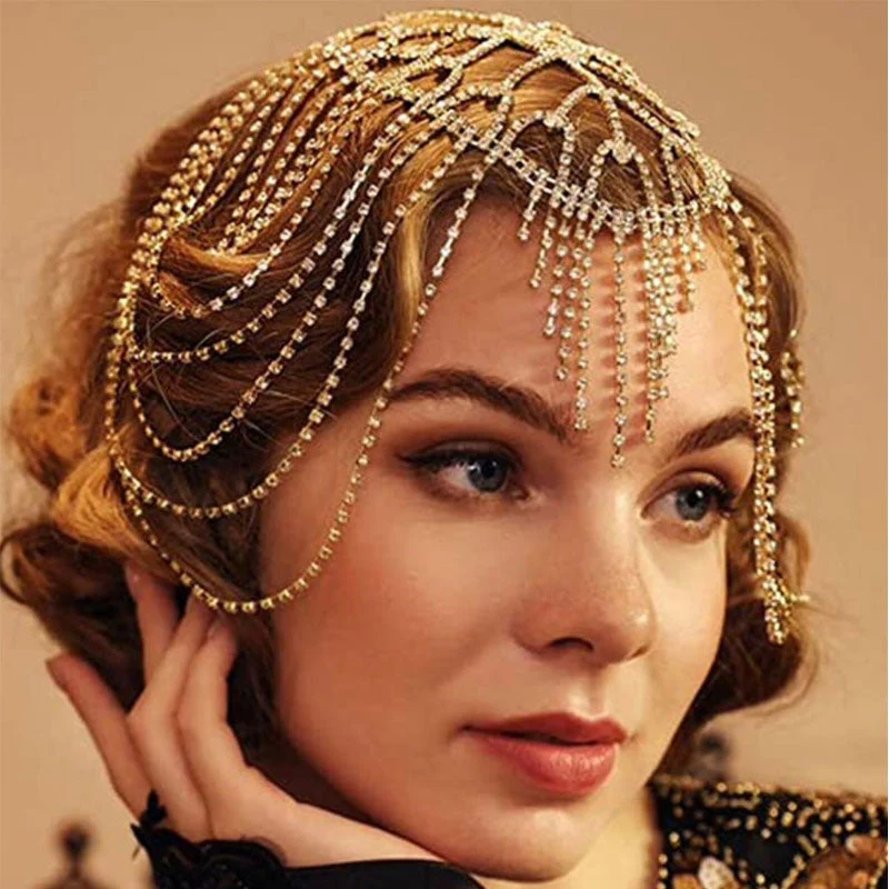 Flapper Rhinestone Embellished Caged Chain Tassel Headpiece - Silver - Image 3
