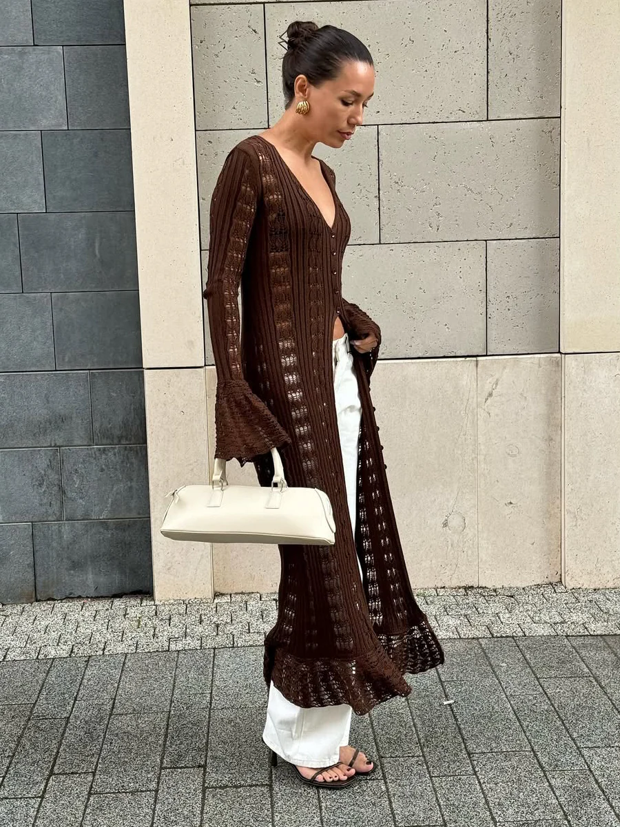 Flare Sleeve Knit Long Cardigan - Image 10