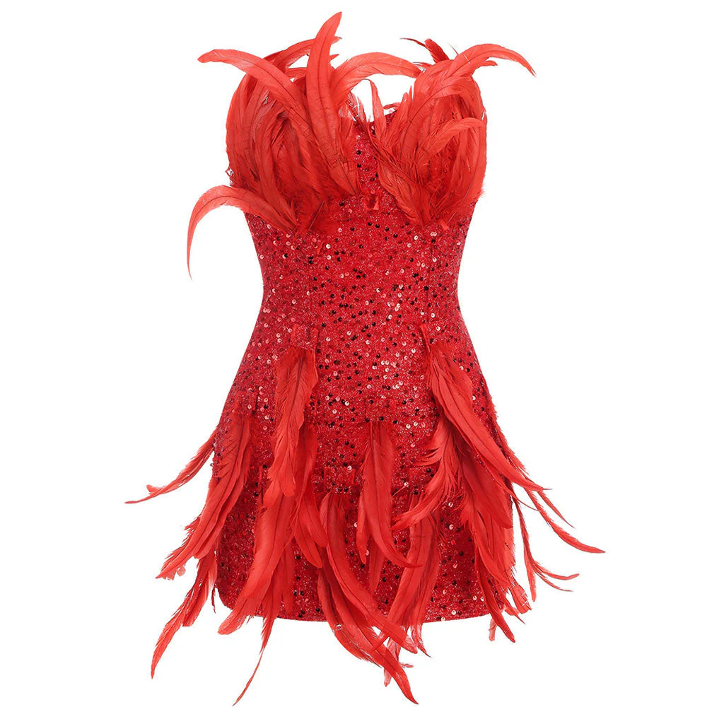 Flattering Feather Trim Sequin Embellished Strapless Bodycon Mini Party Dress - Image 3