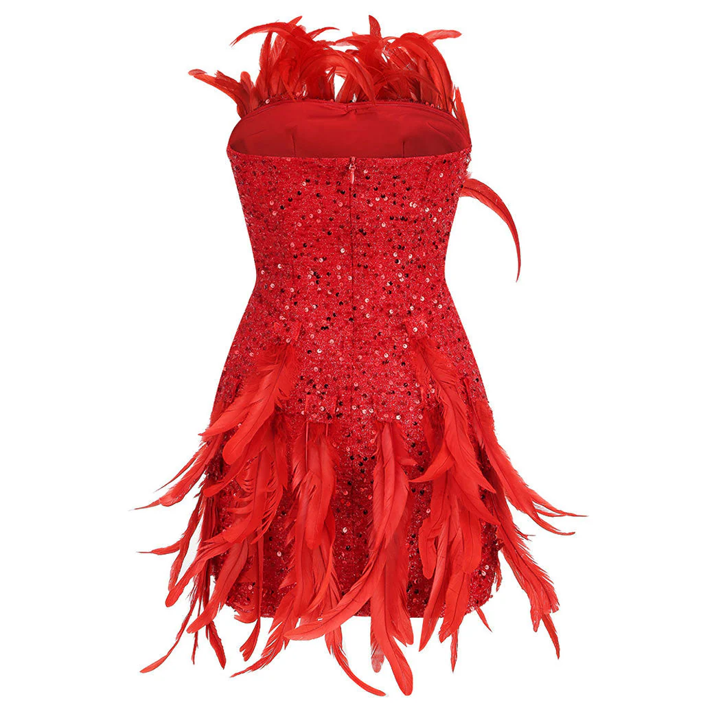 Flattering Feather Trim Sequin Embellished Strapless Bodycon Mini Party Dress - Image 4