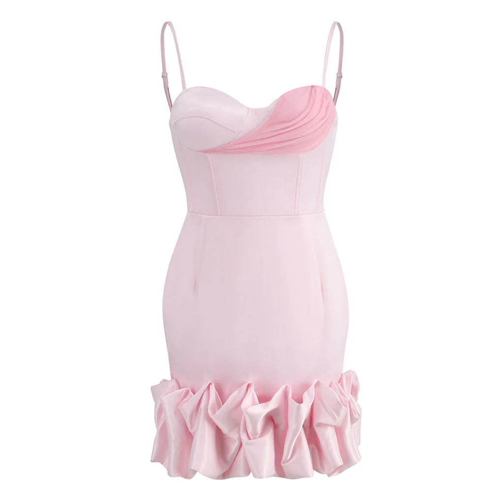 Flattering Ruched Mesh Panel Sweetheart Ruffle Cami Satin Bodycon Mini Party Dress - Image 2