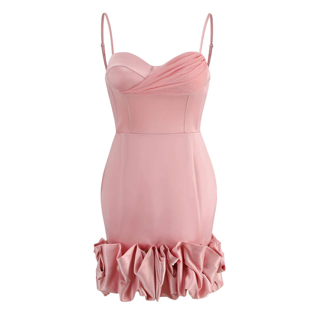 Flattering Ruched Mesh Panel Sweetheart Ruffle Cami Satin Bodycon Mini Party Dress - Image 3