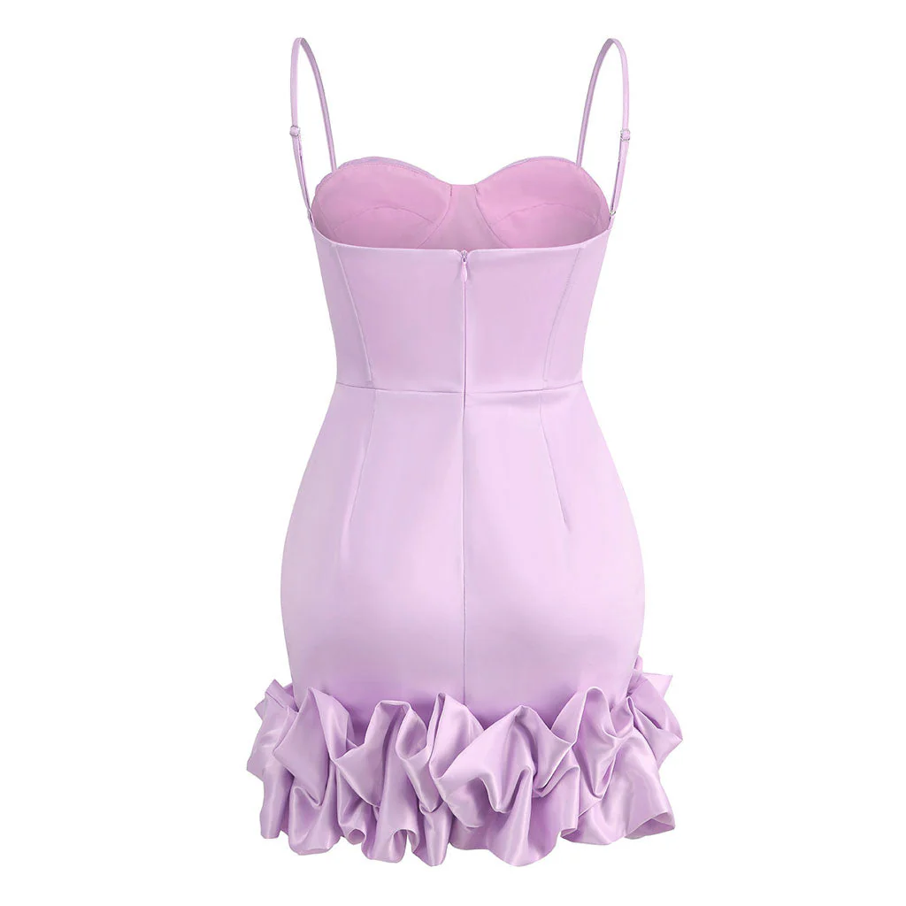 Flattering Ruched Mesh Panel Sweetheart Ruffle Cami Satin Bodycon Mini Party Dress - Image 5