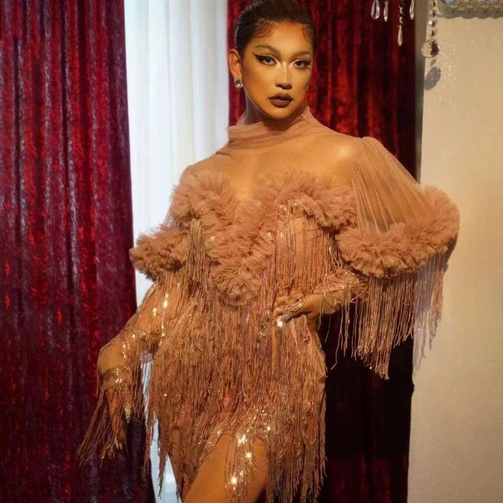 Flattering Sequin Fringe Ruffle Trim High Neck Long Sleeve Mesh Mini Party Dress - Image 2