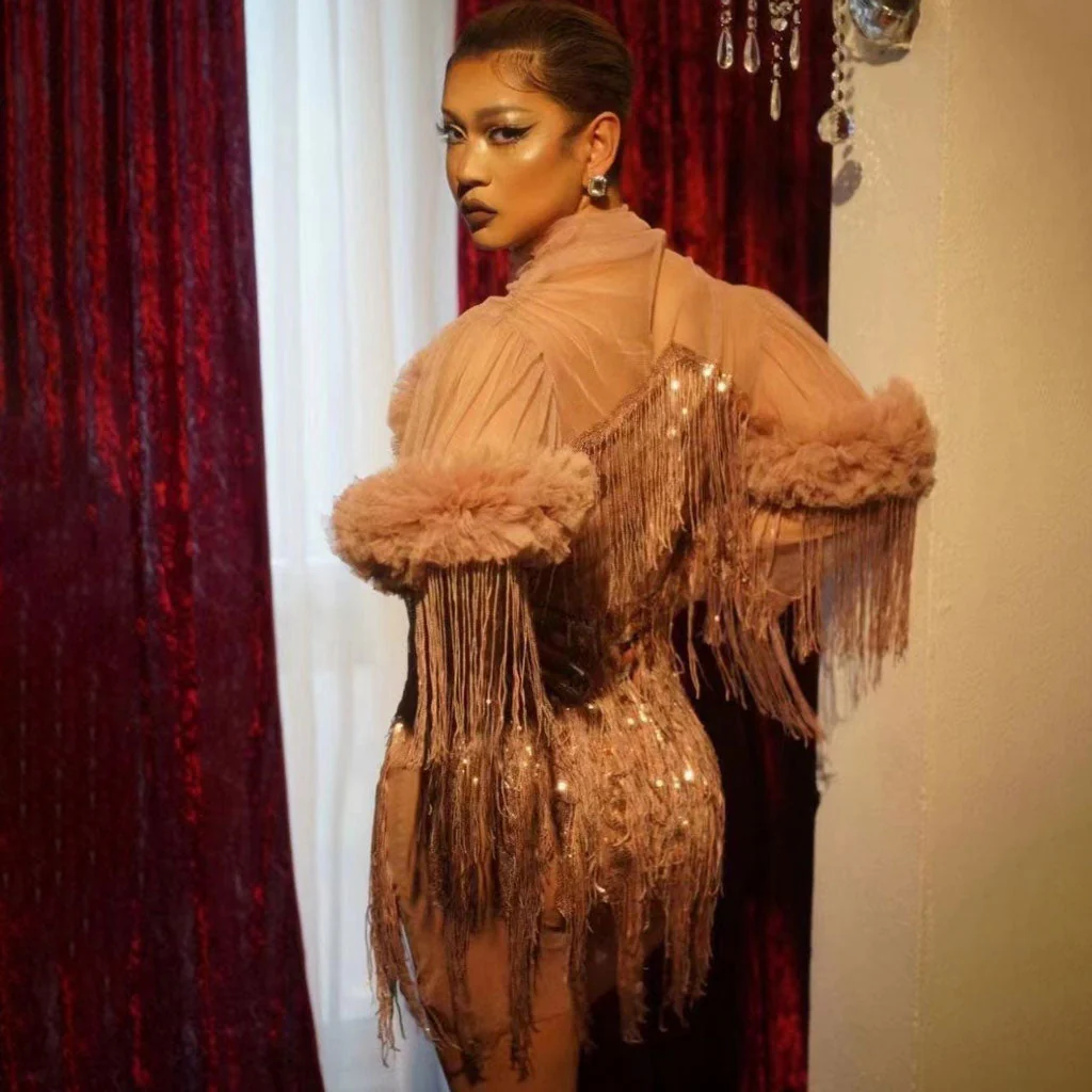 Flattering Sequin Fringe Ruffle Trim High Neck Long Sleeve Mesh Mini Party Dress - Image 3