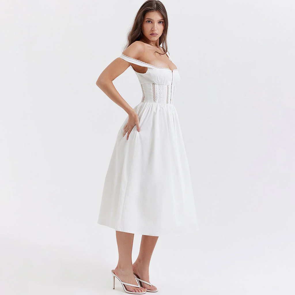 Flattering Square Neck Suspender Strap Sheer Lace Spliced Fit and Flare Midi SunDress - Image 6