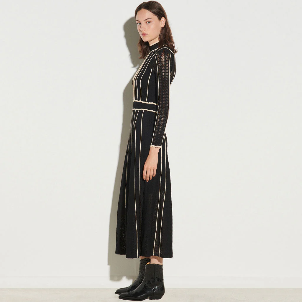 Flattering Stripe Long Sleeve High Neck Knit Pointelle Midi Dress - Black - Image 2