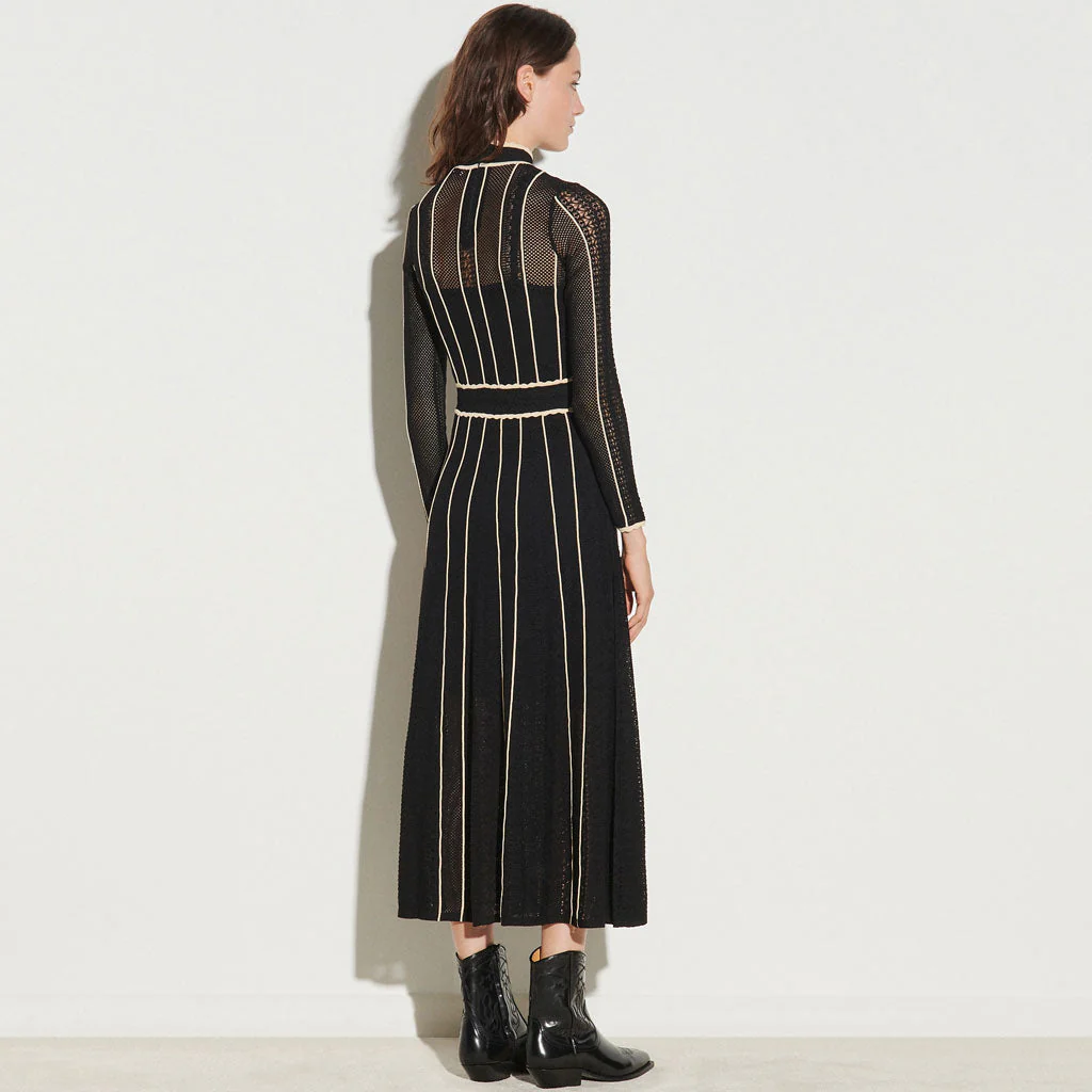 Flattering Stripe Long Sleeve High Neck Knit Pointelle Midi Dress - Black - Image 3