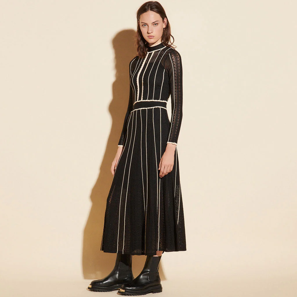 Flattering Stripe Long Sleeve High Neck Knit Pointelle Midi Dress - Black - Image 4