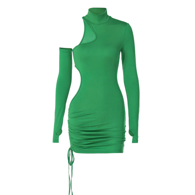 Flirtatious High Neck Cut Out Drawstring Ruched Long Sleeve Bodycon Mini Dress - Green - Image 3