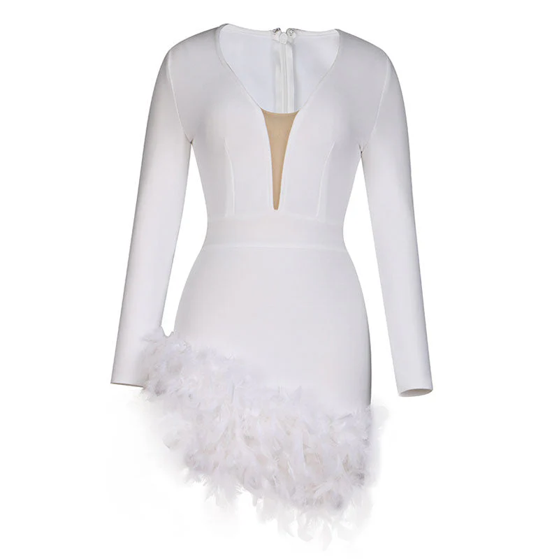 Flirty Faux Feather Trim Plunging Long Sleeve Mini Bandage Dress - White - Image 7