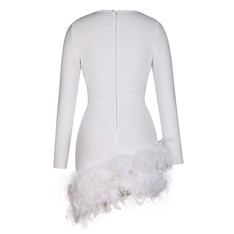 Flirty Faux Feather Trim Plunging Long Sleeve Mini Bandage Dress - White - Image 8