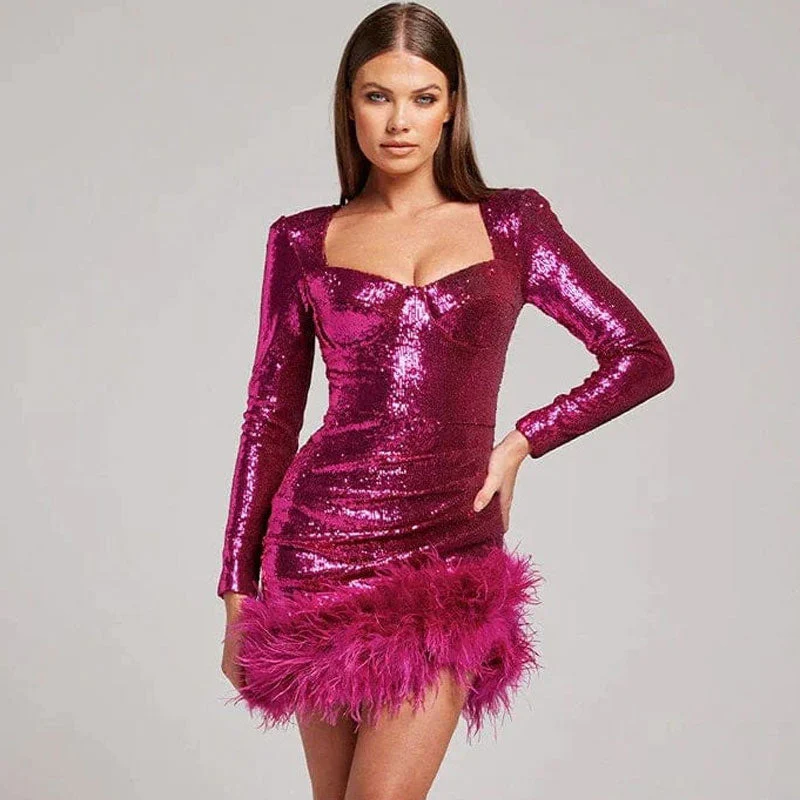 Flirty Faux Feather Trim Sweetheart Neck Long Sleeve Mini Sequin Dress - Fuchsia - Image 3