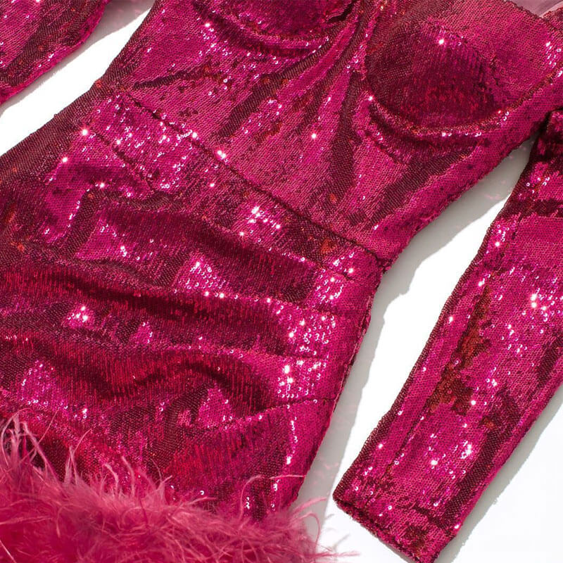 Flirty Faux Feather Trim Sweetheart Neck Long Sleeve Mini Sequin Dress - Fuchsia - Image 6