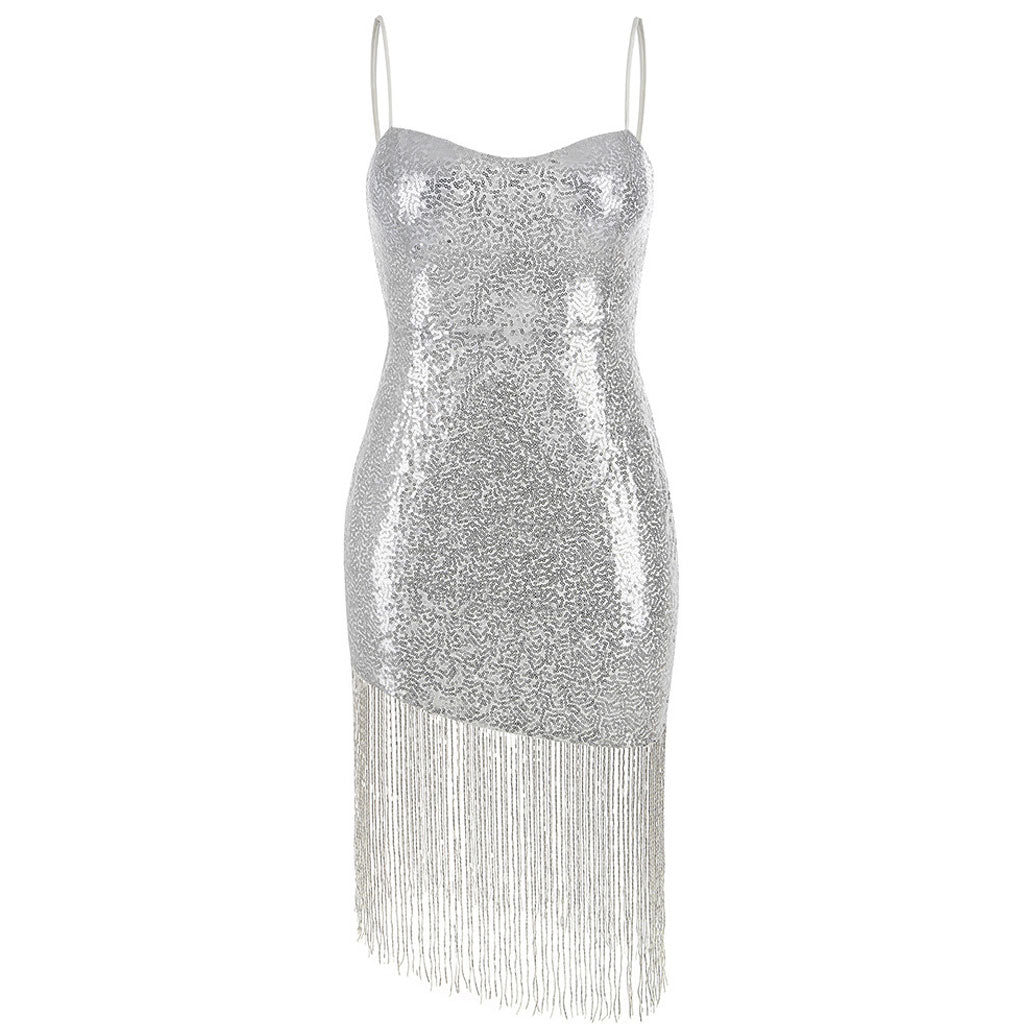 Flirty Fringe Hem Sequin Detail Sweetheart Neck Slip Mini Dress - Silver - Image 3