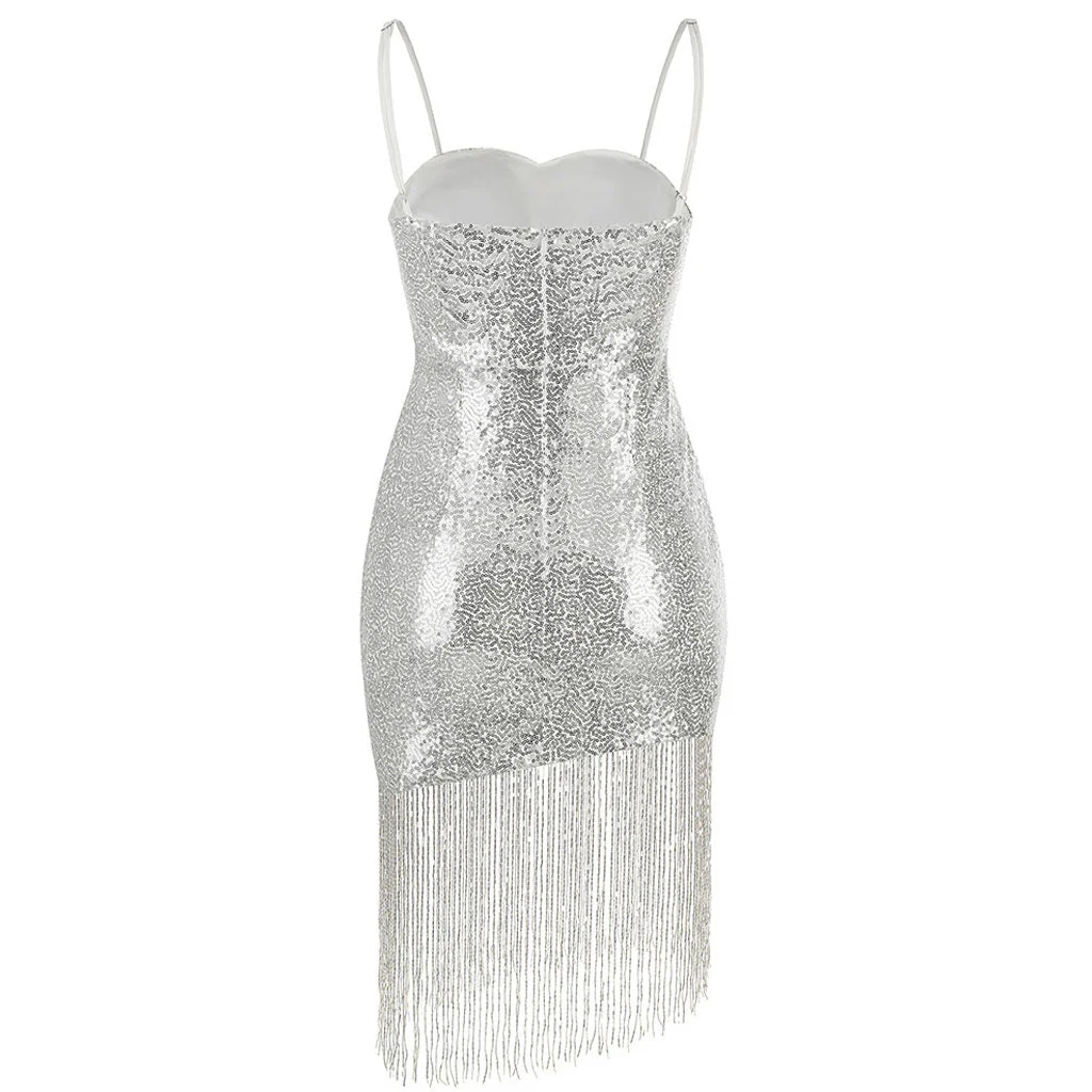 Flirty Fringe Hem Sequin Detail Sweetheart Neck Slip Mini Dress - Silver - Image 4