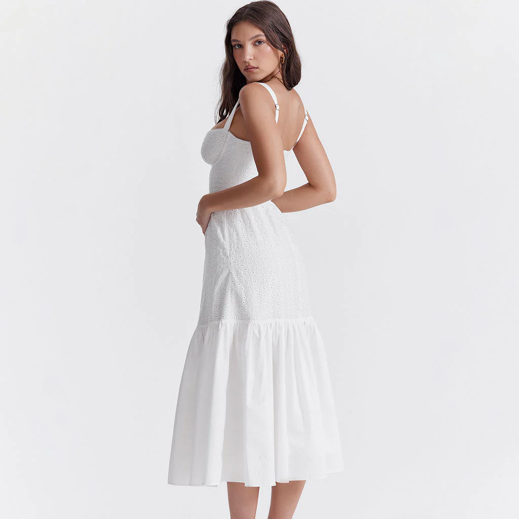 Floaty Sweetheart Neck Pocket Side Fit & Flare Broderie Anglaise Midi SunDress - Image 3